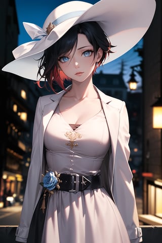 (best quality), (highly detailed), masterpiece, (official art), ,(ruby rose:1.2), lips, lips, ((long sleeves, hat, dress, ribbon, closed mouth, collarbone, jacket,  belt, white dress, blurry background, white headwear, hat ribbon, blue ribbon, blue jacket, cropped jacket, sun hat, v arms)), looking at viewer, china, asiática, city, night, sky,  (intricately detailed, hyperdetailed), blurry background,depth of field, best quality, masterpiece, intricate details, tonemapping, sharp focus, hyper detailed, trending on Artstation,1 girl, high res, official art,StandingAtAttention,bestiality