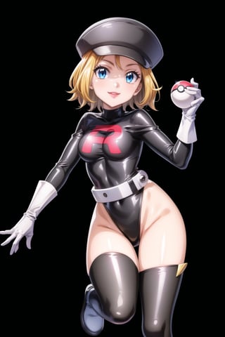 ((best quality)),  ((highly detailed)),  masterpiece,  ((official art)),  ((serena)), 1girl, solo, orange hair, blue eyes, blonde hair, short hair, bangs, poke ball, poke ball (basic), holding poke ball, black headwear, cabbie hat, hat, posing, lips, ( evil smile), ,Grunt Team Rocket, dress, black dress, (leotard:1.3), (latex), long sleeves, gloves, elbow gloves, belt, grey belt, thighhighs, 1girl,simple background,smile,(sea background), posing,