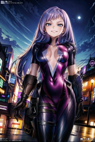 ((best quality)), ((highly detailed)), masterpiece, ((official art)),  Nejire Hado, long hair, cyberpunk , smirk, (widowsuit:1.2), medium breasts, tattoo, (arm tattoo:1.2) ,pose, best quality, masterpiece, intricate details, scenary, city, outdoors, rain, water drop, night, sky, moon, trending on Artstation, thigh gap,  black gloves