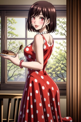 ((best quality)),  ((highly detailed)),  masterpiece,1girl, 1girl,  seductive smile, solo,   (Stepford),lips, makeup, lipstick,red lips, (pose),(polka dot:1.4), (polka dot dress:1.4),(pearl necklace:1.2), pearl bracelet, bare shoulders,(red dress:1.2),aroused, blush ,standing,  (large pearl necklace), (hoop earrings:1.2), looking at viewer, standing, cowboy shot, kitchen, cooking, indoors, house, windows, cortain, food ,RaeTaylor,red eyes, short hair, brown hair,ass, ass focus, looking back,,<lora:659111690174031528:1.0>