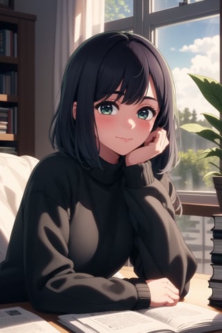 masterpiece, best quality, 1girl, looking at viewer, blush, long sleeves, sitting, closed mouth,  upper body,  indoors, book, window, plant, head rest, book stack, blunt bangs, sweater, soft smile,akane
