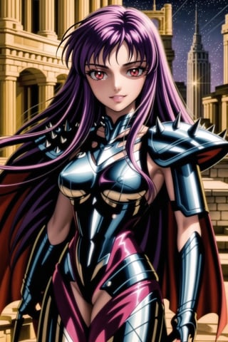 (best quality), (highly detailed), masterpiece, (official art), Saori, long hair, ((purple hair)), ((red eyes)), lips, (( evil smile)),((( black cape, nigth))),  ((black armor, bodysuit, shoulder armor, spikes, pauldrons, black bodysuit )), outdoors, temple, (intricately detailed, hyperdetailed), blurry background,depth of field, best quality, masterpiece, intricate details, tonemapping, sharp focus, hyper detailed, trending on Artstation,1 girl, solo,high res,official art,<lora:659111690174031528:1.0>