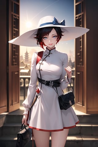 (best quality), (highly detailed), masterpiece, (official art), ,(ruby rose:1.2), long hair, lips, lips, (( hat,sun hat, dress,  blue ribbon, hat ribbon, bag, belt, white dress, white headwear, ribbon, handbag, long sleeves, standing, white legwear, holding,  smile, holding bag, long skirt, v arms)), looking at viewer, china, asiática, city, night, sky,  (intricately detailed, hyperdetailed), blurry background,depth of field, best quality, masterpiece, intricate details, tonemapping, sharp focus, hyper detailed, trending on Artstation,1 girl, high res, official art,StandingAtAttention,bestiality,Weiss_RWBY