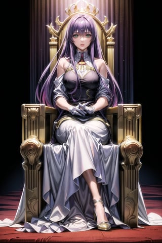 (best quality), (highly detailed), masterpiece, (official art), (sasha, purple hair, long hair, green eyes), black dress, lips, gloves, sitting, full body, female focus ,chair, formal, elegent Dress, glowing eyes, female guards standing on both sides of throne, long curly hair , throne, ,