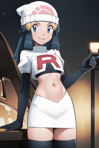 (best quality), (highly detailed), masterpiece, (official art),  dawn \(pokemon\), beanie, long hair, blue hair, blue eyes,poke ball, poke ball (basic), holding poke ball, posing, lips,( evil smile), Team Rocket, cropped jacket, white jacket, crop top, jacket, gloves, black gloves, elbow gloves, navel, midriff, white skirt, miniskirt, skirt, thighhighs,, looking at viewer, china, asiática, city, night, sky, (intricately detailed, hyperdetailed), blurry background,depth of field, best quality, masterpiece, intricate details, tonemapping, sharp focus, hyper detailed, trending on Artstation,1 girl, high res, official art,1girl,dawn (pokemon)