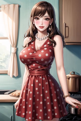 ((best quality)),  ((highly detailed)),  masterpiece,1girl, 1girl,  seductive smile, solo,   (Stepford),lips, makeup, lipstick,red lips, (pose),(polka dot:1.4), (polka dot dress:1.4),(pearl necklace:1.2), pearl bracelet, bare shoulders,(red dress:1.2),aroused, blush ,standing,  (large pearl necklace), (hoop earrings:1.2), looking at viewer, standing, cowboy shot, fingernails, kitchen, cooking, indoors, house, windows, cortain, food, hori kyouko