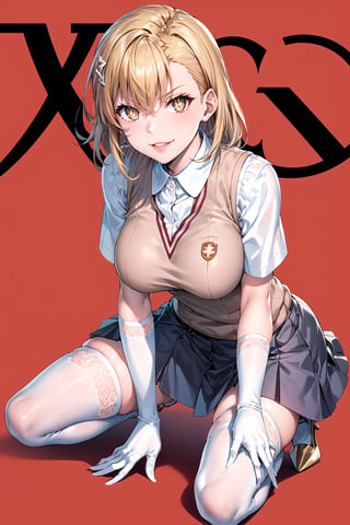 ((best quality)),  ((highly detailed)),  masterpiece,1girl, ((sparkling_eyes, smug, shaded_face,evil smile)),(large breasts), tokiwadai school uniform, sweater vest, short sleeves, (((high heels))),((white gloves, elbow gloves)), pleated skirt, white thighhighs ,1girl, lips:1.3, red lips, makeup:1.3, ((gyaru)), blonde hair, school, short hair, aamikoto, leaning_forward,1girl, symbol-shaped pupils, +_+, 