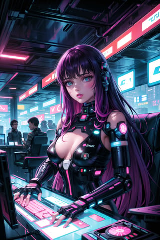 masterpiece,best quality,highres,ultra-detailed,purple hair, long hair, Saori, ((hacker)), ,fishnets ,computer, monitor, wive, cable,(( cyberpunk)), indoors, neon nigth, ((Cyborg)), ((star wars)), chip, cyberpunk, collar, confident and curious gaze, futuristic cyberpunk hacker attire, high-tech bodysuit with glowing circuitry patterns, fingerless gloves underground hacker den, surrounded by screens displaying code and data, typing rapidly on a holographic keyboard, exuding intelligence and tech-savviness, cyberpunk and gritty atmosphere, dark color palette with neon highlights