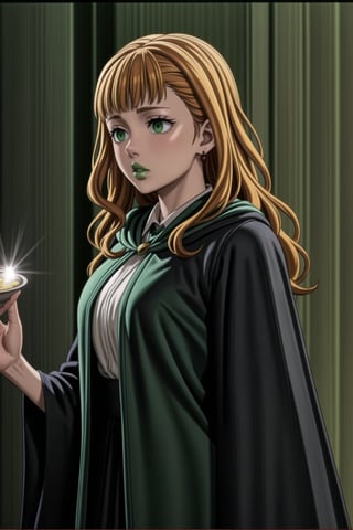 (best quality), (highly detailed), masterpiece, (official art),mimosa vermillion, orange hair, wavy hair , light green eyes, , ((hogrobe)), ((black robe,slytherin)), green tie, magic, (green lips:1.2), (lips:1.2), holding tray, tray, earrings, jewlery, expressionless, (best quality), (highly detailed), masterpiece, (official art), green eyes ,(empty eyes), green eyes,b1mb0,<lora:659111690174031528:1.0>