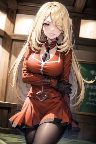 (best quality), (highly detailed), masterpiece, (official art),cynthia, blonde hair, long hair, hair over one eye, hair ornament, very long hair, large breasts, wavy hair, grey eyes, (team flare:1.2), gloves,juliet_sleeves, long_sleeves , pleated skirt, thighhighs, thigh boots, dress, belt, red dress, pantyhose, (lips:1.2), grin, smirk, (seductive pose), cowboy shot, looking at viewer, indoors, blurry background,depth of field, best quality, masterpiece, intricate details, tonemapping, sharp focus, hyper detailed, trending on Artstation,