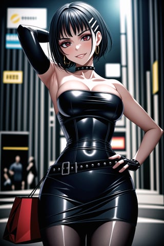 ((best quality)),  ((highly detailed)),  masterpiece,  ((official art)),  detailed face,  beautiful face, narrow_waist:1.3 , (intricate Black dress:1.4),(detailed eyes,  deep eyes),((extended_arm, presenting_gift, shopping_bag, gift_giving, front_view, gesture)),(science fiction, cyberpunk:1.2, street, shopping, dark background),((smirk, grin, naughty face, seductive smile, smug, arm behind head, hand_on_own_hip, head_tilt)),, ,cowboy shot,(lips), ,kirigaya suguha, blunt bangs, short bangs, black hair:1.3, short hair, hair ornament, hairclip,(red eyes),  cross-laced clothes, (spiked bracelet), corset, hoop earring, curvaceous, voluptuous body, (makeup:1.3) (lips:1.3), (latex),  (black tube top:1.2), gloves, fingerless gloves, skirt, black choker, belt, pencil skirt, pantyhose, miniskirt, (black skirt), black gloves, black legwear, black choker, medium breast,large breasts, conspicuous elegance, snobby, upper class elitist, possesses an arroaant charm. her Dresence commands attention and enw, (intricately detailed, hyperdetailed), blurry background, depth of field, best quality, masterpiece, intricate details, tonemapping, sharp focus, hyper detailed, trending on Artstation, 1 girl, solo, high res, official art,<lora:659111690174031528:1.0>