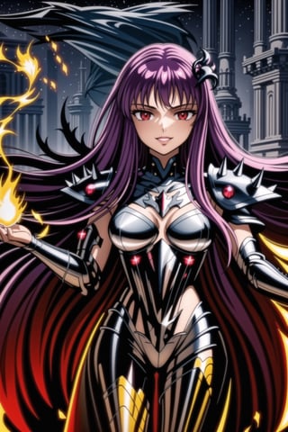 (best quality), (highly detailed), masterpiece, (official art), Saori, long hair, ((purple hair)), ((red eyes)), lips, (( evil smile)),(((fire, black cape, nigth))),  ((latex, black armor, dark armor,bodysuit, shoulder armor, spikes, pauldrons, black bodysuit )), outdoors, temple, (intricately detailed, hyperdetailed), blurry background,depth of field, best quality, masterpiece, intricate details, tonemapping, sharp focus, hyper detailed, trending on Artstation,1 girl, solo,high res,official art,hades_armor,<lora:659111690174031528:1.0>
