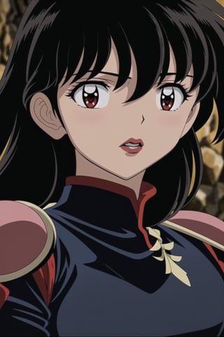 ((best quality)), ((highly detailed)), masterpiece, ((official art), medium breasts, (((bodysuit, pauldrons, armor))),(higurashi kagome, black hair, brown eyes, long hair), (((red lips, red eyes,expressionless))), lips,  Japan, intricately detailed, hyperdetailed, blurry background,depth of field, best quality, masterpiece, intricate details, tonemapping, sharp focus, hyper detailed, trending on Artstation,1 girl, high res, official art,beautiful detailed eyes,higurashi kagome,<lora:659111690174031528:1.0>