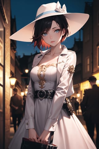 (best quality), (highly detailed), masterpiece, (official art), ,(ruby rose:1.2), lips, lips, ((long sleeves, hat, dress, ribbon, closed mouth, collarbone, jacket,  belt, white dress, blurry background, white headwear, hat ribbon, blue ribbon, blue jacket, cropped jacket, sun hat, v arms)), looking at viewer, china, asiática, city, night, sky,  (intricately detailed, hyperdetailed), blurry background,depth of field, best quality, masterpiece, intricate details, tonemapping, sharp focus, hyper detailed, trending on Artstation,1 girl, high res, official art,StandingAtAttention,bestiality