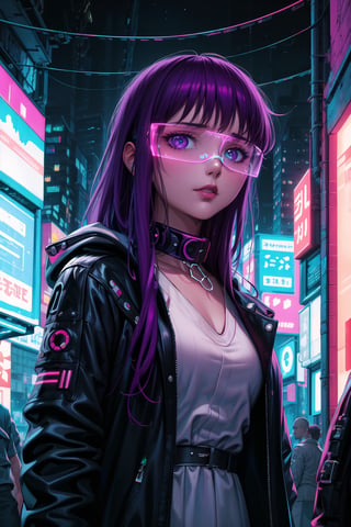 masterpiece,best quality,highres,ultra-detailed,purple hair, long hair, Saori, hacker, computer, monitor, wive, cable, cyberpunk, indoors, neon nigth, Cyborg, chip, cyberpunk, collar, jacket,((cyberpunk glasses))