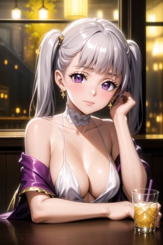 masterpiece, best quality, 1girl, looking at viewer, blush, hoop earring, choker, sitting, closed mouth,  upper body,  indoors, alcohol, window, bar, head rest, drink stack, blunt bangs, revealing dress, off shoulder, soft smile, noelle_silva, twintails, silver hair, bangs, purple eyes