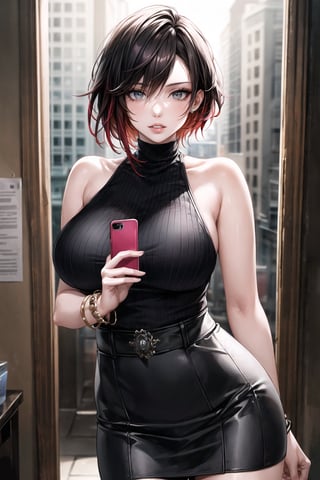 ((best quality)),  ((highly detailed)),  masterpiece,  ((official art)), (ruby rose), lips, sleeveless, bare shoulders, figure, turtleneck, black shirt, black pencil skirt, office, lady office, print skirt, floral print, high-waist skirt, shirt_tucked_in, building, bracelet, parted lips, cellphone picture, indoors, intricately detailed, hyperdetailed, blurry background, depth of field, best quality, masterpiece, intricate details, tonemapping, sharp focus, hyper detailed, trending on Artstation, 1 girl, high res, official art,
