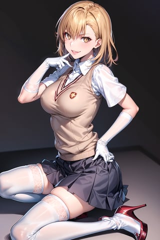 ((best quality)),  ((highly detailed)),  masterpiece,1girl, ((sparkling_eyes, smug, shaded_face,evil smile)),(large breasts), tokiwadai school uniform, sweater vest, short sleeves, (((high heels))),((white gloves, elbow gloves)), pleated skirt, white thighhighs ,1girl, lips:1.3, red lips, makeup:1.3, ((gyaru)), blonde hair, school, short hair, aamikoto, 1girl, symbol-shaped pupils, +_+, 
