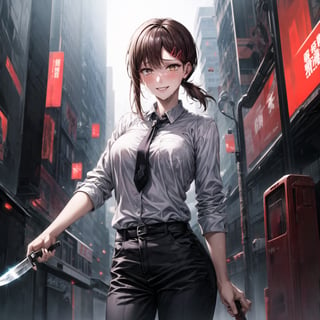 ((best quality)),  ((highly detailed)),  masterpiece,  ((official art)), 
1girl, solo, cute, brown eyes, black hair, swept bangs, single sidelock, red hairclip, lips, ((knife, holding knife)), pose:1.2, smile,sweating, crying, blushing, ,white collared shirt, black necktie, black pants, formal,cowboy shot,  (cyberpunk:1.2),  girl,  outdoors, dramatic reveal,  suspenseful,  urban environment,  mysterious ambiance,  dramatic lighting,  cinematic scene,  self-transformation,  supernatural,  otherworldly,  metamorphosis,  mystical,  mystical energy,  power awakening.,  intricately detailed,  hyperdetailed,  blurry background, depth of field,  best quality,  masterpiece,  intricate details,  tonemapping,  sharp focus,  hyper detailed,  trending on Artstation, 1 girl,  high res,  official art,kobeni higashiyama,Kobeni ,fantasy00d