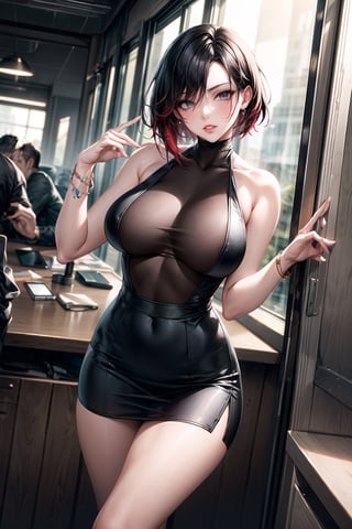 ((best quality)),  ((highly detailed)),  masterpiece,  ((official art)), (ruby rose), lips, sleeveless, bare shoulders, figure, turtleneck, black pencil skirt, office, lady office, black shirt, shirt_tucked_in, building, bracelet, parted lips, cellphone picture, indoors, intricately detailed, hyperdetailed, blurry background, depth of field, best quality, masterpiece, intricate details, tonemapping, sharp focus, hyper detailed, trending on Artstation, 1 girl, high res, official art,