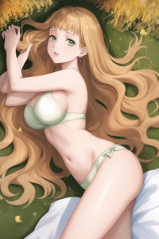 masterpiece, best quality, highres,Sexy, Mimosa Vermillion, dreamy green eyes, earrings, with astounding soft skin and soft pale body, body covered in mimosas flowers, (long brown wavy hair flowing around her until mid-thigs:1.05), sensual look, looking at you, lips, lying on a field of mimosas, fulll body, frontal view, strange fashion Women'sday_theme (Professional illustration)