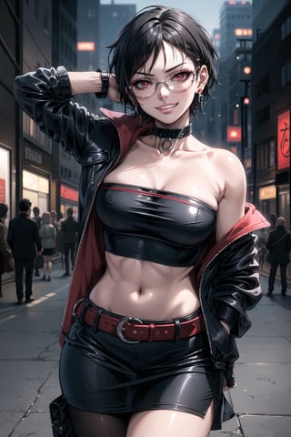 ((best quality)),  ((highly detailed)),  masterpiece,  ((official art)),  detailed face,  beautiful face,  (detailed eyes,  deep eyes),(science fiction, cyberpunk, street,dark background),((smirk, grin, naughty face, seductive smile, smug, arm behind head, hand_on_own_hip, head_tilt)),, ,cowboy shot,(lips), ,sarada, (mangekyou sharingan:1.2), jewelry, earrings , choker, glasses, swept bangs,  (red eyes),  cross-laced clothes, (spiked bracelet), necklace, corset, bustier, hoop earring, curvaceous, voluptuous body, navel, (makeup:1.3) (lips:1.3), (latex), (black top), (black tube top:1.2), gloves, fingerless gloves, jacket, skirt, black choker, black leather jacket, (dark jacket), belt, pencil skirt, pantyhose, open jacket, miniskirt, (black skirt), black gloves, black legwear, black choker, medium breast, conspicuous elegance, snobby, upper class elitist, possesses an arroaant charm. her Dresence commands attention and enw, (intricately detailed, hyperdetailed), blurry background, depth of field, best quality, masterpiece, intricate details, tonemapping, sharp focus, hyper detailed, trending on Artstation, 1 girl, solo, high res, official art,