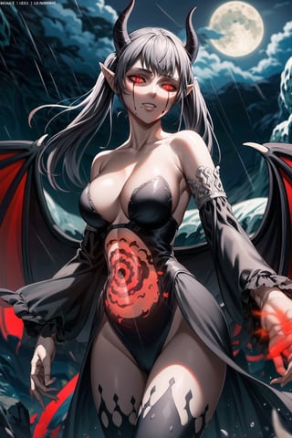 ((best quality)), ((highly detailed)), masterpiece, ((official art)),noelle_silva, bangs, silver hair, (twintails),looking at viewer, (demon girl:1.2), demon wings, (gray skin:1.3), evil smile, (chest tattoo:1.1),(red glowing), glowing eyes, (red eyes:1.2), (black sclera:1.35) ,colored sclera,parted lips, best quality, masterpiece, intricate details, scenary, outdoors, (rain:1.1), night, sky, moon, scenary, outdoors, night, sky, red_moon, bloody stream, intricately detailed, hyperdetailed, blurry background,depth of field, best quality, masterpiece, intricate details, tonemapping, sharp focus, hyper detailed, trending on Artstation,1 girl, high res, official art
