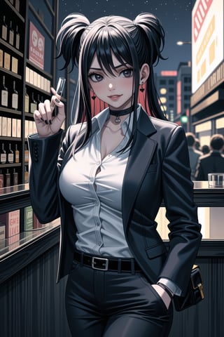 ((best quality)),  ((highly detailed)),  masterpiece,1girl, 1girl, (lips:1.2), seductive smile, smirk, naughty_face,nail polish, solo,   black pants,  formal,  black jacket,  open jacket,  (white shirt),  belt, ,  black jacket, (black suit),  long sleeves,  shirt tucked in,, (black choker), blush, earrings, black nails, looking at viewer, standing, cowboy shot, fingernails,  bar,outdoor,lamp,nigth,space, alcohol, sexy pose:1.2, purple nails, wristband, lucyheartfilia, one side up, long hair,<lora:659111690174031528:1.0>