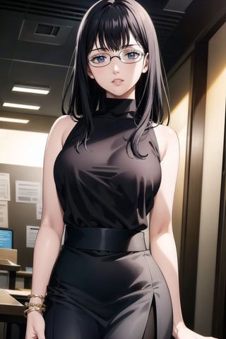 ((best quality)),  ((highly detailed)),  masterpiece,  ((official art)), (lolopechka, black hair, bangs, long hair, glasses),lips, sleeveless, bare shoulders, figure, turtleneck, ((black shirt)), black pencil skirt,(office), lady office, print skirt, floral print, high-waist skirt, shirt_tucked_in, building, bracelet, parted lips,  indoors, intricately detailed, hyperdetailed, blurry background, depth of field, best quality, masterpiece, intricate details, tonemapping, sharp focus, hyper detailed, trending on Artstation, 1 girl, high res, official art