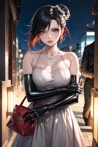 (best quality), (highly detailed), masterpiece, (official art), ,(ruby rose:1.2, hair bun:1.3), (makeup:1.5), (lips:1.3), parted_lips, blue earrings:1.3,jewelery:1.3,((long sleeves,  elbow gloves:1.2,dress, ribbon, collarbone, white dress:1.3,  pearl necklace:1.3, holding, holding bag, v arms:1.3, latex:1.2)), looking at viewer, china, asiática, city, night, sky,  (intricately detailed, hyperdetailed), blurry background,depth of field, best quality, masterpiece, intricate details, tonemapping, sharp focus, hyper detailed, trending on Artstation,1 girl, high res, official art,StandingAtAttention,bestiality