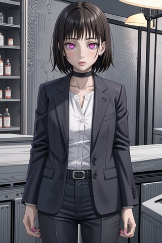 ((best quality)),  ((highly detailed)),  masterpiece,1girl, 1girl, (lips:1.2), expressionless,nail polish, solo,   black pants,  formal,  black jacket,  open jacket,  (white shirt),  belt, ,  black jacket, (black suit),  long sleeves,  shirt tucked in,, (black choker), blush, earrings, black nails, looking at viewer, standing, cowboy shot, fingernails,  bar,outdoor,lamp,nigth,space, alcohol, sexy pose:1.2, purple nails, wristband ,Mimiko, short hair, bangs, brown hair, pink  eyes, bob cut,,StandingAtAttention,,<lora:659111690174031528:1.0>