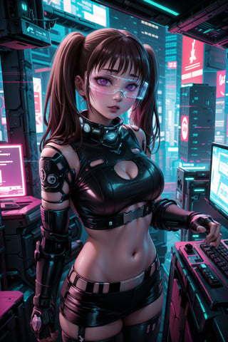 masterpiece,best quality,highres,ultra-detailed,diane, ((twintails)), purple eyes, brown hair, bangs,  ((hacker)), ,fishnets ,computer, monitor, wive, cable,(( cyberpunk)), indoors, neon nigth, ((Cyborg)), ((star wars)), chip, cyberpunk, collar, confident and curious gaze, futuristic cyberpunk hacker attire, high-tech bodysuit with glowing circuitry patterns, standing,fingerless gloves and augmented reality glasses, underground hacker den, surrounded by screens displaying code and data, typing rapidly on a holographic keyboard, exuding intelligence and tech-savviness, cyberpunk and gritty atmosphere, dark color palette with neon highlights,((cyberpunk glasses)), 