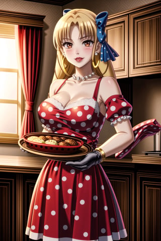 ((best quality)),  ((highly detailed)),  masterpiece,1girl, 1girl,  seductive smile, solo,   (Stepford),lips, makeup, lipstick,red lips, (pose),(polka dot:1.4), (polka dot dress:1.4),(pearl necklace:1.2), pearl bracelet, bare shoulders,(red dress:1.2),aroused, blush ,standing,  (large pearl necklace), (hoop earrings:1.2), looking at viewer, standing, cowboy shot, kitchen, cooking, indoors, house, windows, cortain, food,luviagelita edelfelt, hair bow, puffy sleeves, gloves, long sleeves, smug,<lora:659111690174031528:1.0>