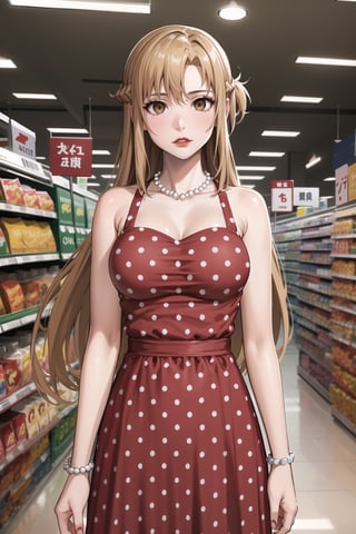 (best quality), (highly detailed), masterpiece, (official art),(aaasuna, long hair, brown hair, braid, brown eyes),(Stepford),lips, makeup, lipstick,(red lips:1.3),expressionless, (attractive figure, empty eyes:1.3, hypnoLora),large breast,(polka dot:1.4), (polka dot dress:1.4),(pearl necklace:1.2), pearl bracelet, bare shoulders,(red dress:1.2), (upper body), best quality, masterpiece, intricate details, scenary, indoors, market, people, bag, supermarket, food,  trending on Artstation,1 girl, solo,looking at viewer, thigh gap, cowboy shot, standing,aaasuna