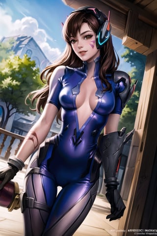 ((best quality)), ((highly detailed)), masterpiece, ((official art)), aahana, long hair, brown hair, headphones, whisker markings, shoulder pads,(widowsuit:1.1), medium breasts, tattoo, arm tattoo,ligth smike, lips,best quality, masterpiece, intricate details, tonemapping, sharp focus, hyper detailed, trending on Artstation,1 girl, solo,looking at viewer, thigh gap, cowboy shot, standing
