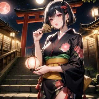 anime, hdr, soft light, ((best quality)), ((masterpiece)), (detailed), secre, red eyes, horns, short hair, black hair, blue hair, ((makeup, lips)), (holding fan), rating:safe, torii, earrings, jewelry, red eyes, multiple torii, japanese clothes, kimono, 1girl, floral print, solo, sash, bridge, east asian architecture, shrine, bookshelf, obi, architecture, sky, black hair, railing,  red sky, looking at viewer, star \(sky\), night, stairs, building, dutch angle, print kimono, lantern, night sky, pagoda, starry sky, single earring, red moon, paper lantern, red background, skyscraper, wide sleeves, outdoors, library, new year, alternate costume, moon, hair ornament, temple, 