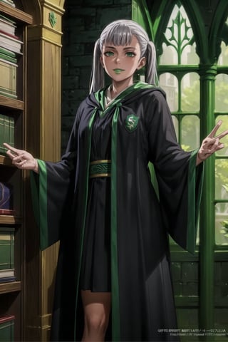 (best quality), (highly detailed), masterpiece, (official art),noelle_silva, twintails, bangs, silver hair , light green eyes, , hogrobe, ((((black robe,slytherin)))), green tie, hogscarf, magic, (green lips), (lips,evil smile), (best quality), (highly detailed), masterpiece, (official art), green eyes
