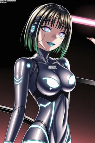 (best quality), (highly detailed), masterpiece, (official art), suguha, short hair, black hair, bob cut, hairclip, hair ornament, blunt bangs, (lips:1.2), smile, pose, ((bodysuit)),  cowboy shot, angle, (intricately detailed, hyperdetailed), blurry background,depth of field, best quality, masterpiece, intricate details, tonemapping, sharp focus, hyper detailed, trending on Artstation,1 girl, solo,high res,official art,Remodeling, (pink eyes, blue eyes), (glowing eyes), (android:1.1), (barcode:1.3),(blue lips:1.3),<lora:659111690174031528:1.0>
