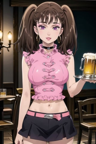 ((best quality)), ((highly detailed)), masterpiece, ((official art)),( diane, twintails), (multicolored hair:1.4), (gradient hair:1.3)  (seductive smile), (makeup:1.2), (choker:1.2), (hoop earrings),  (lips:1.3),  (seductive pose:1.2), bar, indoors holding tray, beer, beer mug, table, chair, large breasts, ((pink shirt:1.2)), navel, belt, (black skirt), miniskirt, (single thighhigh), intricately detailed, hyperdetailed, blurry background, depth of field, best quality, masterpiece, intricate details, tonemapping, sharp focus, hyper detailed, trending on Artstation, 1 girl, high res, official art 