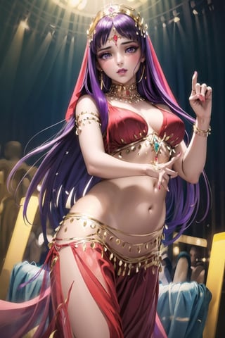 ((best quality)),  ((highly detailed)),  masterpiece,1girl, 1girl, ex, expressionless, ( lips), makeup ,red lips, (dance pose:1.3), ((belly dance, belly dance clothes)), ((red clothes)), provocative look, nightclub scene, neon lights, belly dance,(aroused), blush ,standing, ((makeup:1.2)), (((jewlery))),(earrings:1.2), blush,, looking at viewer, standing, slave, ballroom slave  market,(dutch angle), Saori, long hair, purple hair, (purple eyes),wearing belly dance dress,face_veil,jyojifuku, ((empty eyes))