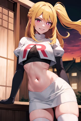 (best quality), (highly detailed), masterpiece, (official art),(hoshino_ruby, long hair, ((one side up))), posing, ( evil smile:1.2), Team Rocket, cropped jacket, white jacket, crop top, jacket, gloves, black gloves, elbow gloves, navel, midriff, white skirt, miniskirt, skirt, thighhighs,, looking at viewer, china, asiática, city, night, sky, (intricately detailed, hyperdetailed), blurry background,depth of field, best quality, masterpiece, intricate details, tonemapping, sharp focus, hyper detailed, trending on Artstation,1 girl, high res, official art,weiss schnee,hoshino_ruby