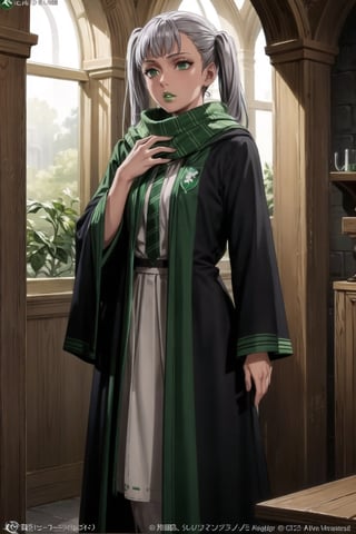 (best quality), (highly detailed), masterpiece, (official art),noelle_silva, twintails, bangs, silver hair , light green eyes, , hogrobe, (black robe,slytherin), green tie, hogscarf, magic, (green lips), (lips), (best quality), (highly detailed), masterpiece, (official art), green eyes
