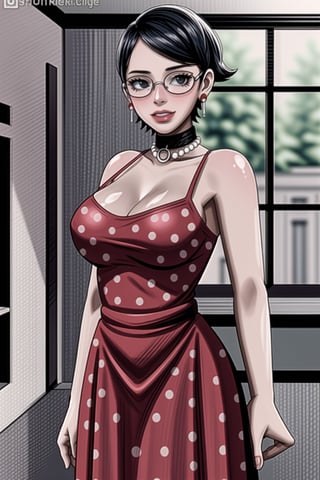 (best quality), (highly detailed), masterpiece, (official art),(sarada, black eyes, jewelry, earrings , choker, glasses, swept bangs),(Stepford),lips, makeup, lipstick,red lips,smile, (pose),(polka dot:1.4), (polka dot dress:1.4),(pearl necklace:1.2), pearl bracelet, bare shoulders,(red dress:1.2),(aroused), nose blush ,standing, big breasts, (large pearl necklace), (hoop earrings:1.2), looking at viewer, window, indoors, scenery, intricately detailed, hyperdetailed, blurry background, depth of field, best quality, masterpiece, intricate details, tonemapping, sharp focus, hyper detailed, trending on Artstation, 1 girl, high res, official art,,<lora:659111690174031528:1.0>