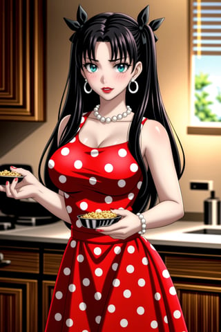((best quality)),  ((highly detailed)),  masterpiece,1girl, 1girl,  seductive smile, solo,   (Stepford),lips, makeup, lipstick,red lips, (pose),(polka dot:1.4), (polka dot dress:1.4),(pearl necklace:1.2), pearl bracelet, bare shoulders,(red dress:1.2),aroused, blush ,standing,  (large pearl necklace), (hoop earrings:1.2), looking at viewer, standing, cowboy shot, kitchen, cooking, indoors, house, windows, cortain, food,rin tohsaka, aqua eyes, (black hair:1.5), hair ribbon, long hair, ribbon, sidelocks, two side up, (parted bangs:1.5),<lora:659111690174031528:1.0>