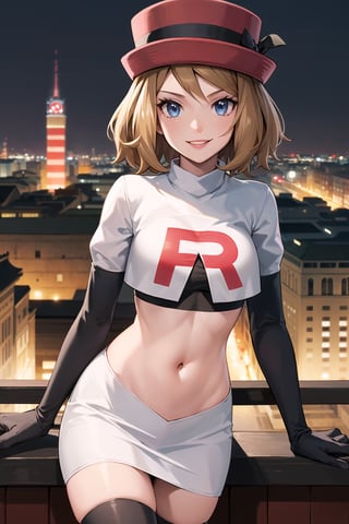 (best quality), (highly detailed), masterpiece, (official art), serena, red hat, short hair, Brown hair, posing, lips,( evil smile), Team Rocket, cropped jacket, white jacket, crop top, jacket, gloves, black gloves, elbow gloves, navel, midriff, white skirt, miniskirt, skirt, thighhighs,, looking at viewer, china, asiática, city, night, sky, (intricately detailed, hyperdetailed), blurry background,depth of field, best quality, masterpiece, intricate details, tonemapping, sharp focus, hyper detailed, trending on Artstation,1 girl, high res, official art