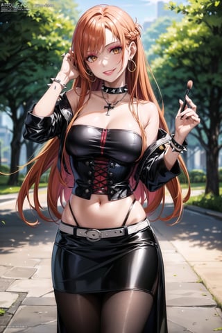 (best quality), (highly detailed), masterpiece, (official art), , aaasuna ,brown eyes, long hair, orange hair, (multicolores hair:1.2, red hair:1.2), smirk, grin, smile, cross-laced clothes,  (spiked bracelet),  necklace, corset,  bustier, park,  hoop earring, curvaceous,  voluptuous body,  navel, (makeup:1.3) (lips:1.3),  (seductive pose:1.2), (latex), (black top),  (black tube top:1.2), gloves,  fingerless gloves, jacket,  skirt,  black choker,  black leather jacket,  (dark jacket), belt,  pencil skirt,  pantyhose,  open jacket,  miniskirt,  (black skirt),  black gloves,  black legwear,  black choker,  medium breast,  standing, , (park), (tree), standing (intricately detailed,  hyperdetailed),  blurry background, depth of field,  best quality,  masterpiece,  intricate details,  tonemapping,  sharp focus, hyper detailed, trending on Artstation,1 girl, solo,high res,official art, 