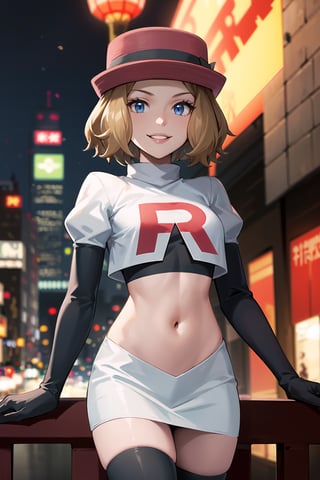 (best quality), (highly detailed), masterpiece, (official art), serena, red hat, short hair, Brown hair, posing, lips,( evil smile), Team Rocket, cropped jacket, white jacket, crop top, jacket, gloves, black gloves, elbow gloves, navel, midriff, white skirt, miniskirt, skirt, thighhighs,, looking at viewer, china, asiática, city, night, sky, (intricately detailed, hyperdetailed), blurry background,depth of field, best quality, masterpiece, intricate details, tonemapping, sharp focus, hyper detailed, trending on Artstation,1 girl, high res, official art