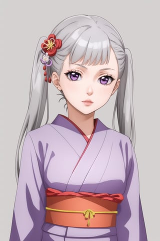 1girl, solo, long hair, looking at viewer, bangs, black hair, hair ornament, closed mouth, upper body, japanese clothes, hair flower, kimono, grey background, black eyes, lips, sash, realistic, noelle_silva, purple eyes, (twintail silver hair:1.05)