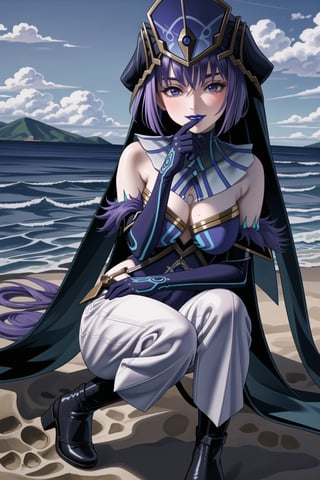 ((best quality)),  ((highly detailed)), ((sumire kakei, long hair:1.2, purple hair, purple eyes)) , masterpiece, 1girl,  evil smile:1.2, smug, seductive smile, solo, ,lips, makeup, ,standing,  MirrorMaiden, dress, cleavage, makeup, lipstick, ((blue lips:1.2)), blue headwear, hat, fur trim, blue gloves, gloves, elbow gloves, white pants,boots,  blush, beach, sand, water, posing, outdoors, ,MirrorMaiden,sumire kakei,<lora:659111690174031528:1.0>