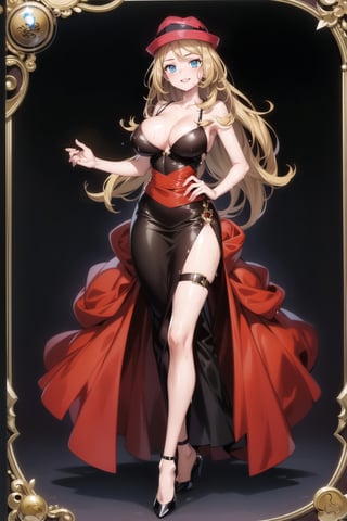 ((best quality)),  ((highly detailed)),  masterpiece,  ((official art)),  ((serena)), 1girl, solo, orange hair, blue eyes, blonde hair, long hair, hat, ((red headwear)),  long elegant classy black ballgown, silk ballgown, long ballgown, ankle length dress, deep v neck, golden high heels, massive chest, red scarf, goddess, light brown skin, stunning hourglass figure, long red silky hair, absurdres, masterpiece, perfect quality, perfect proportions, brilliant lighting, grand ballgown party background, sharp focus, skin imperfections, smile, dimples, big bright eyes, big full lips, wet body, bioluminescent, wet bone structure, thigh strap